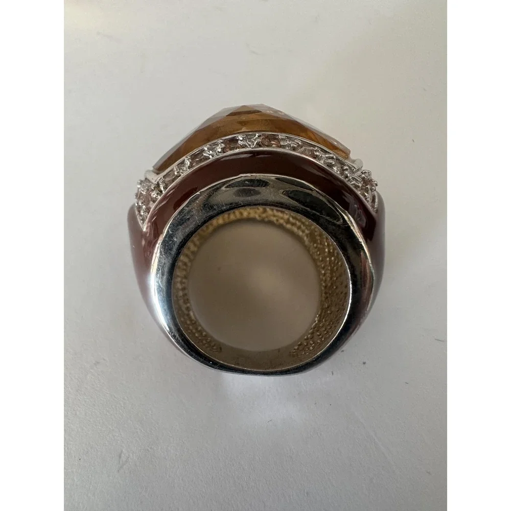 Brown Resin Dome Cocktail Ring Sz 7 Topaz Rhinestone Silver Tone Statement Rare